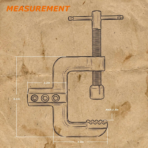 Heavy Duty C Style Welding Ground Clamp Beast, 400A Power Grip For TIG MIG Stick Welders, jaw opening measurements on brown paper.