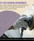 Top Shelf 120 Grit 5 Inch Purple Ceramic Mesh Sanding Discs Sticky Hook And Loop Backing For Random Orbital Sanders Box Of 30 shown in use with gloves.