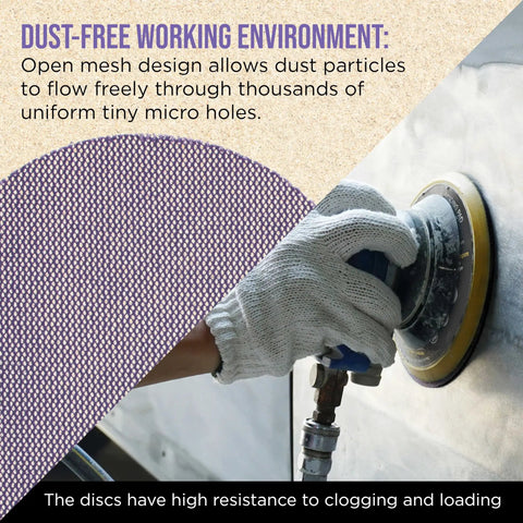 Top Shelf 120 Grit 5 Inch Purple Ceramic Mesh Sanding Discs Sticky Hook And Loop Backing For Random Orbital Sanders Box Of 30 shown in use with gloves.