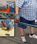 Master Magnetics red ergonomic-handle magnet with 100-lb pull; side view with gloved worker on metal shelf.