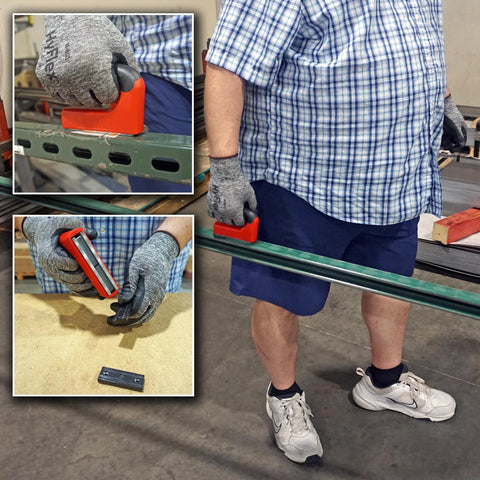 Master Magnetics red ergonomic-handle magnet with 100-lb pull; side view with gloved worker on metal shelf.