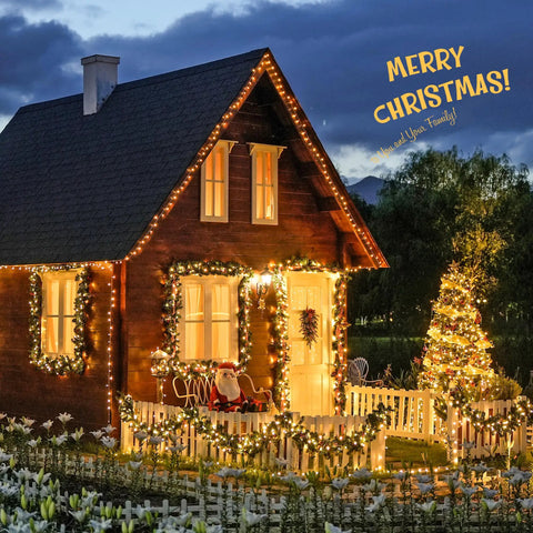 168Ft Outdoor LED String Lights With 600 Warm White LEDs Clear Wire Waterproof Plug In For Patio Garden Pergola Tree Decor Wedding Party Holidays Christmas Bedroom Vibes illuminating a festive house with Christmas decorations.