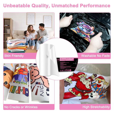 Premium Double Sided Transfer Film Roll For Direct To Film Printing 12 Inch By 328 Feet Easy Peel showing vibrant printed designs