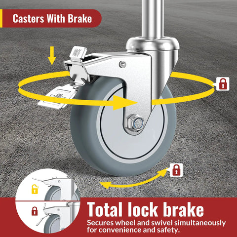 Set Of Four Heavy Duty Workhorse TPR Rubber Caster Wheels With Sturdy Steel Base And Lock It Down Tight Brakes showing total lock brake feature.