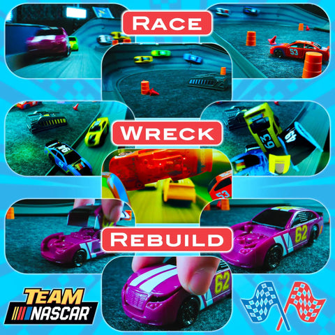 Collage of Ultra Cool Slot Car Race Track Set With Electric Cars And Flash Chargers, NASCAR Inspired Wrecks Style, racing theme.