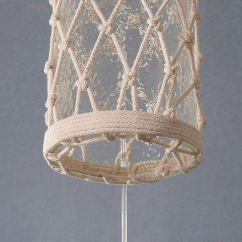 Close-up of lace detail on Captain Table Lamp with clear textured glass and rope wrap finish, casual coastal style.