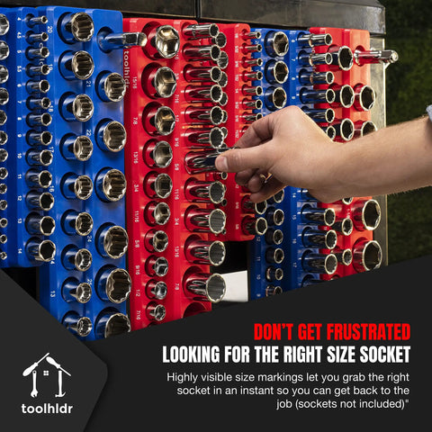 Person organizing sockets on blue and red Magnetic Socket Organizer Set for Metric and SAE Tools, Quick Grab Pro Grade Storage.