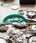 Watch parts neatly organized in a colorful tray vs. stacked together clutter, showcasing efficiency of Colorful 5 Layer Watch Parts Storage Box Organizer.