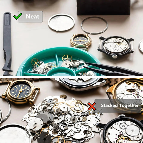 Watch parts neatly organized in a colorful tray vs. stacked together clutter, showcasing efficiency of Colorful 5 Layer Watch Parts Storage Box Organizer.