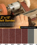 1.2" x 13" Belt Sander with a hand sharpening a knife; visible sanding belts for 7 Speed Electric Knife Sharpening System With Belt Grinder