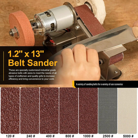1.2" x 13" Belt Sander with a hand sharpening a knife; visible sanding belts for 7 Speed Electric Knife Sharpening System With Belt Grinder