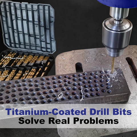 Drill bit set, 99-piece titanium-coated twist bits with case; drill press cutting into metal block.