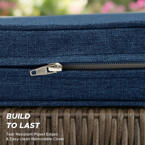 Close-up of a navy blue outdoor chair cushion with a zipper, part of the Outdoor Chair Cushions Set Of 4 19 By 19 Inch Navy Blue.