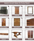 Stylish accent ideas collage with wooden chests, cabinets, frames, interior and entry doors, gates, shelves, tables, and shutters.