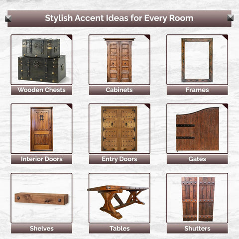 Stylish accent ideas collage with wooden chests, cabinets, frames, interior and entry doors, gates, shelves, tables, and shutters.