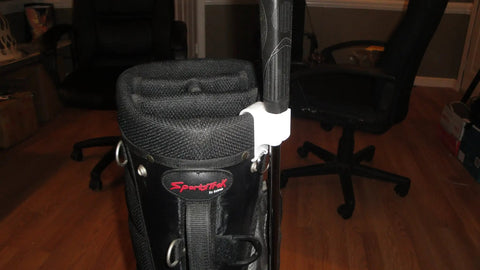 Golf bag with Mighty Putter Clip Holder for Golf Bag With Dual Ring Mounts Durable Nylon Clip That Stays Put Easy On Off