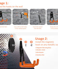 Installation instructions for Heavy Duty Magnetic Hooks 4 Pack No Drill Garage Organization Hangers shown for wall and steel surface.