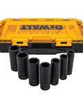 Lockable Tough Box 7 Piece Deep Drive Impact Socket Set, 1/2 Inch SAE Chrome Vanadium Sockets with clear-lid stacking case, front view