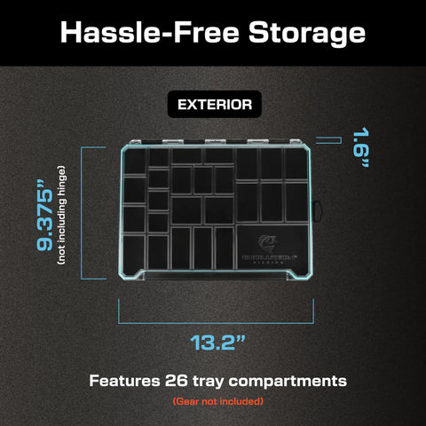 BallistiX Terminal Tackle Tray With Waterproof Gasket Clear Lid And One Hand Latch For Easy Grab-And-Go Tackle Storage Anti-Corrosion Lure Box Durable Polycarbonate Case 13.2 x 9.375 x 1.6 Inches Black shown with 26 compartments