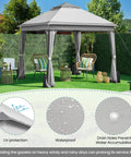 Easy Up 11x11 Pop Up Gazebo Shelter With 4 Sandbags, Instant Patio Canopy Tent, gray, set up in a garden with chairs and table