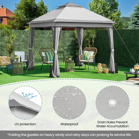Easy Up 11x11 Pop Up Gazebo Shelter With 4 Sandbags, Instant Patio Canopy Tent, gray, set up in a garden with chairs and table