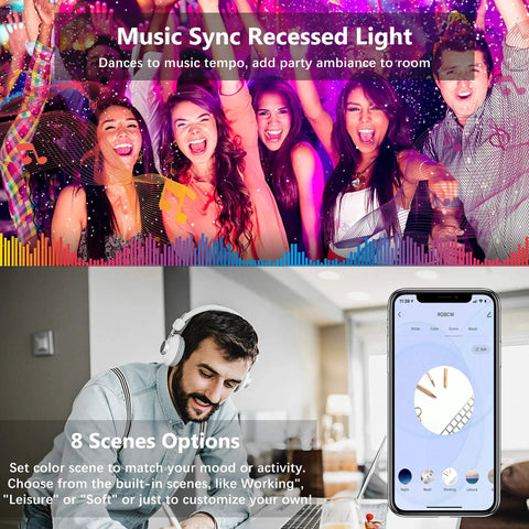 Music sync feature of Color Changing 6 Inch Slim LED Recessed Light Kit With Junction Box, Smart WiFi Downlights shown with app control