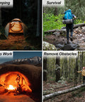 Collage showing camping, survival hiking, patio work by a fire pit, and removing obstacles in the forest with a rope saw.