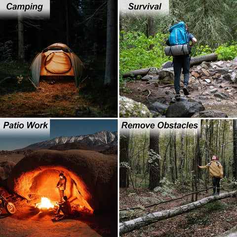 Collage showing camping, survival hiking, patio work by a fire pit, and removing obstacles in the forest with a rope saw.
