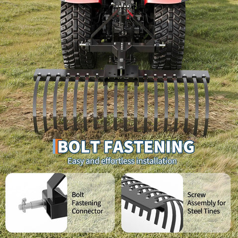 Tow Behind Dethatcher 50 Inch Wide With 18 Steel Tines, 3 Point Lawn Dethatcher Rake for Tractor Attachments in use on grass