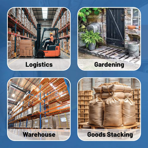 Four scenes labeled Logistics with forklift, Gardening with plants, Warehouse with pallets, Goods Stacking with sacks.