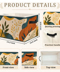 Boho Abstract Botanical Foldable Storage Bins for Home Organization Collapsible Fabric Cubes side and front view with dimensions