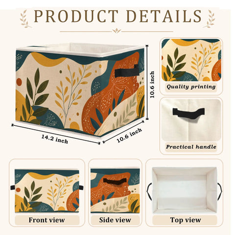 Boho Abstract Botanical Foldable Storage Bins for Home Organization Collapsible Fabric Cubes side and front view with dimensions