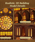 Detailed view of Notre Dame De Paris 3D Wood Puzzle Night Edition With LED Lighting showing rose window and twin towers.