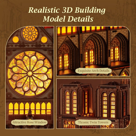 Detailed view of Notre Dame De Paris 3D Wood Puzzle Night Edition With LED Lighting showing rose window and twin towers.