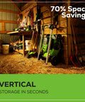 Shed interior with 60V 21 Inch Brushless Cordless Lawn Mower Push With 5.0Ah Battery stored vertically, saving space.