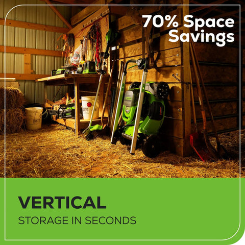 Shed interior with 60V 21 Inch Brushless Cordless Lawn Mower Push With 5.0Ah Battery stored vertically, saving space.