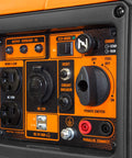 Close-up of control panel on Ultra Quiet 2350 Watt Portable Inverter Generator With Fuel Shutoff Gas Powered Lightweight 39 Pound Unit