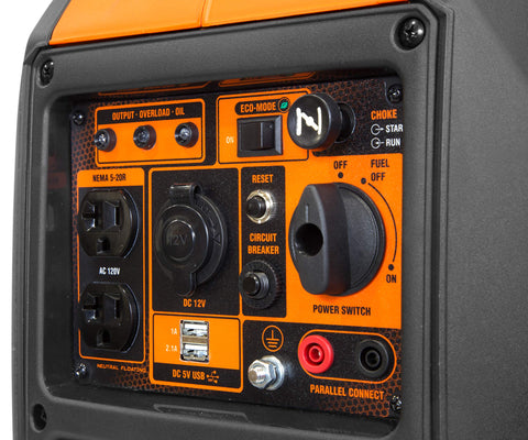 Close-up of control panel on Ultra Quiet 2350 Watt Portable Inverter Generator With Fuel Shutoff Gas Powered Lightweight 39 Pound Unit