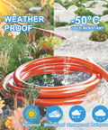 Heavy Duty Outdoor Extension Cord 50 Ft 12/3 Gauge 12 AWG SJTW, orange, weatherproof, coiled with icons for sun, wind, snow.