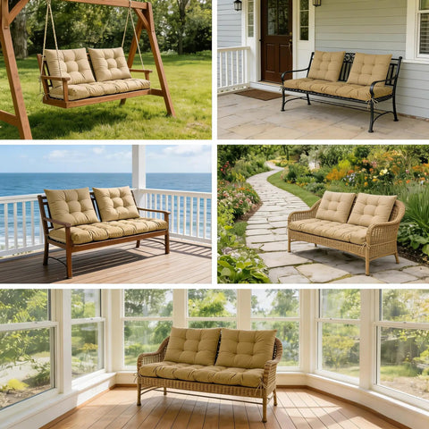 Collage of outdoor settings with 3 Piece Outdoor Wicker Chair Cushions Set For Patio Loveseat And Chaise 47x19x4 Inch Waterproof Cushions