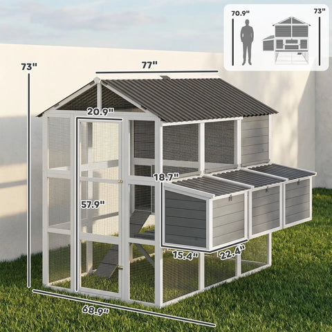 Huge 77 Inch Outdoor Chicken Coop For 6 To 8 Chickens With Run Wooden Hen House Poultry Cage 3 Nesting Boxes Gray