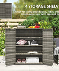 Sturdy Wicker Outdoor Storage Cabinet With Four Shelves And Two Doors, The Perfect Stash for pool towels and spa stuff in backyard