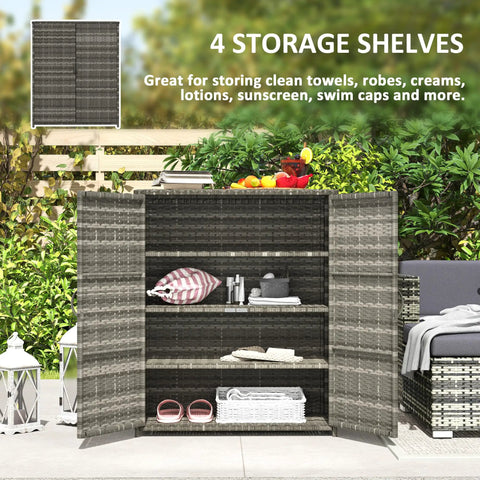 Sturdy Wicker Outdoor Storage Cabinet With Four Shelves And Two Doors, The Perfect Stash for pool towels and spa stuff in backyard