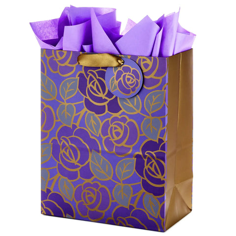 Large Purple Floral Gift Bag With Gold Foil Accents, Satin Ribbon Handles, And Purple Tissue Paper, 13 Inch Tall, for celebrations.