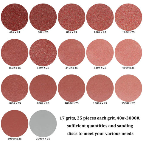 17 grits of 2 Inch Sanding Discs Set With 425 Pieces And One Quarter Inch Round Shank Backing Pad Includes Soft Foam Buffers And Assorted Grit 40 To 3000