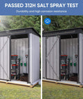 Outdoor storage shed with durable metal panels and salt spray test label highlighting corrosion resistance, lawn setting.