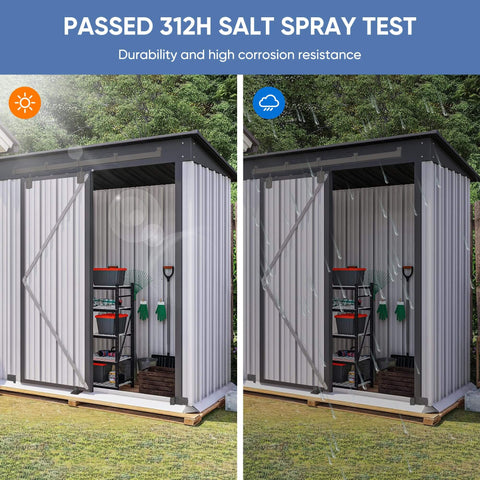 Outdoor storage shed with durable metal panels and salt spray test label highlighting corrosion resistance, lawn setting.