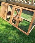 Outdoor Rabbit Hutch And Chicken Coop With Ventilated Wire Run And A Frame Design in garden, showing wooden frame and two doors