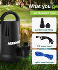 Heavy Duty 1 HP Submersible Transfer Pump 5120 GPH, 1 HP motor, accessories including hose fitting and power cord for yard cleanup.