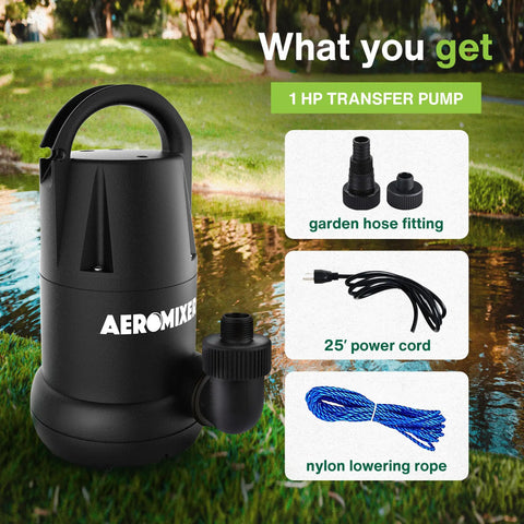 Heavy Duty 1 HP Submersible Transfer Pump 5120 GPH, 1 HP motor, accessories including hose fitting and power cord for yard cleanup.